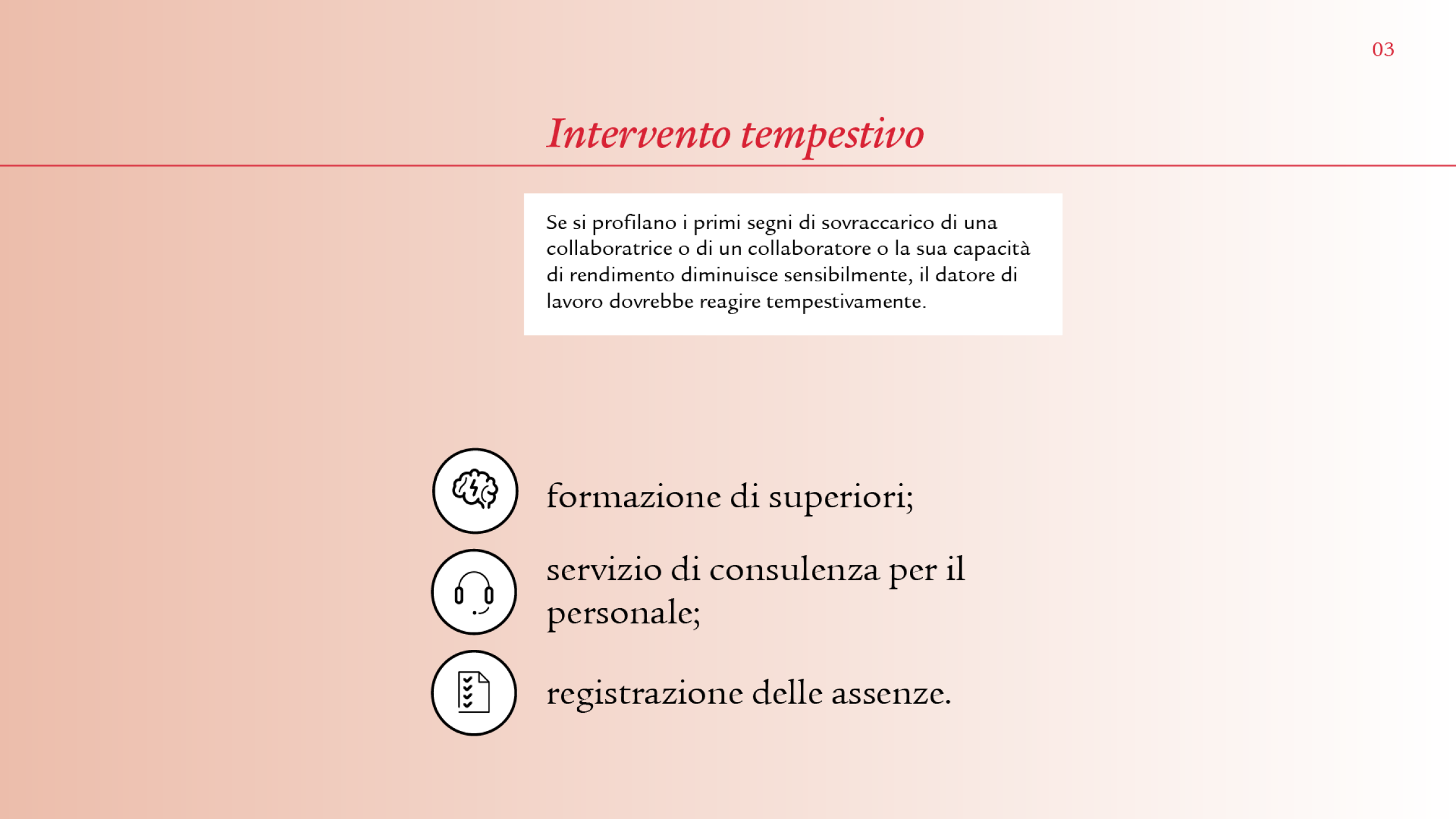 Anche il sottotema «intervento tempestivo» viene illustrato secondo lo stesso modello. Anche in questo caso si vedono un testo descrittivo in un box informativo e tre icone accanto alle parole chiave «Formazione di superiori, consultorio per dipendenti e registrazione delle assenze».