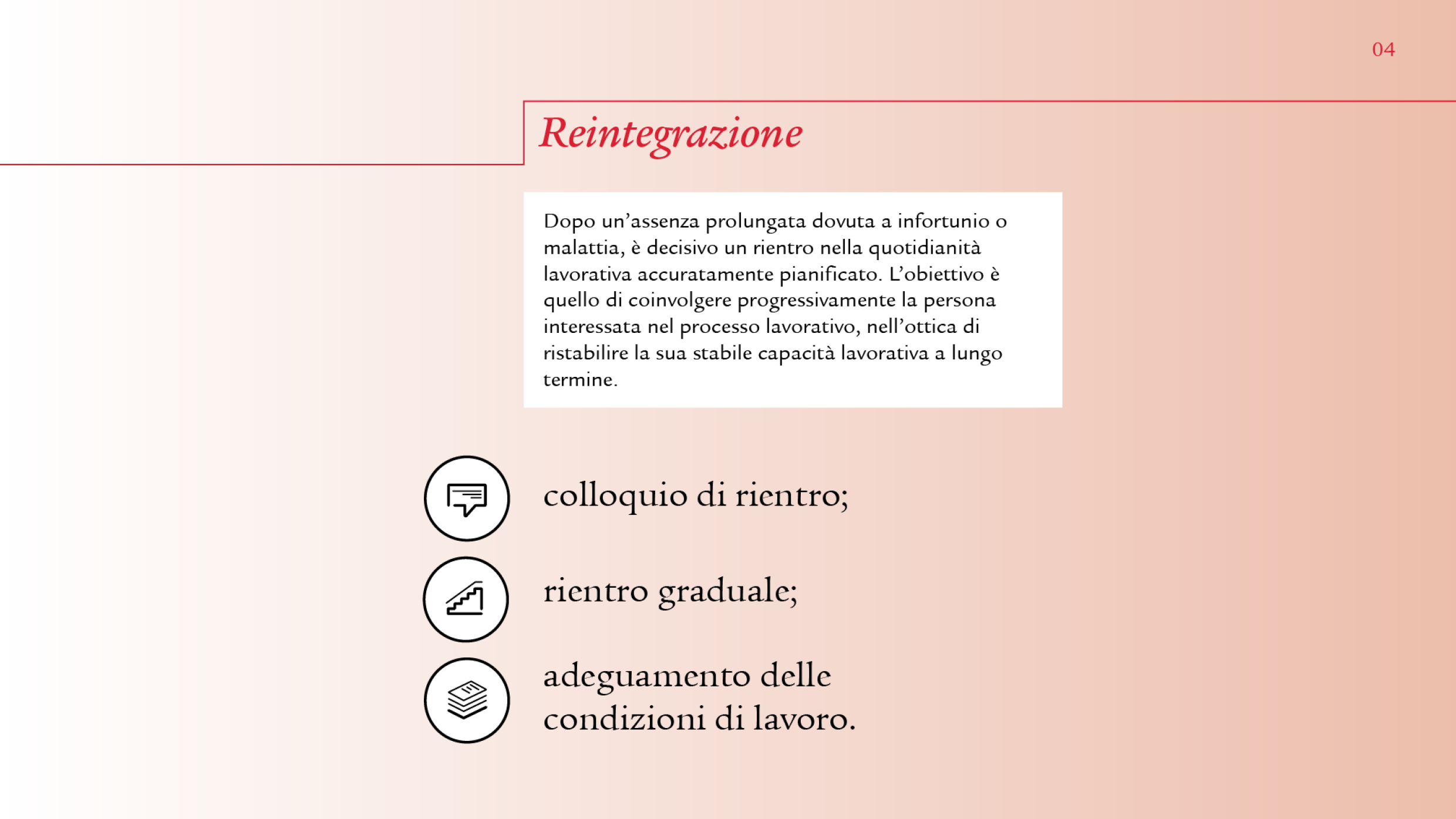 Anche in questo caso le informazioni vengono presentate con lo stesso modello: il titolo «Reintegrazione» in rosso e sottolineato, il testo nel riquadro informativo e le icone accanto alle parole chiave «Colloquio di rientro, rientro graduale e adeguamento delle condizioni di lavoro».