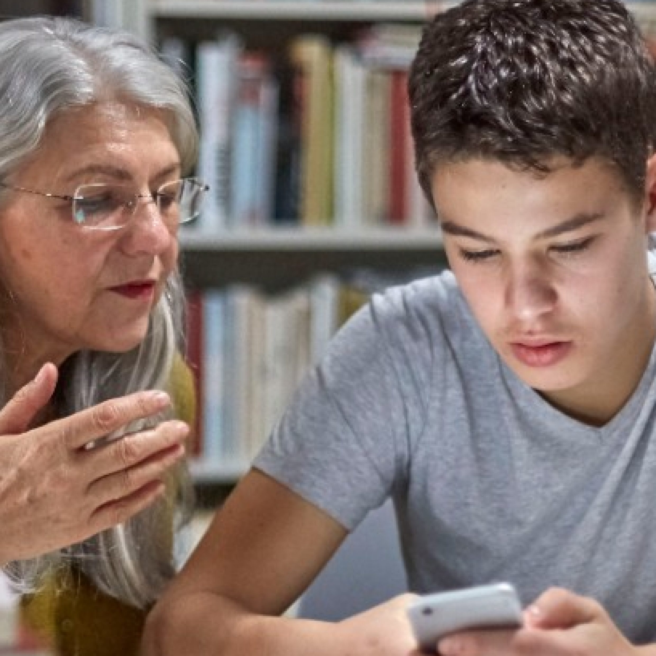 Frau 60 plus, mit ihrem Enkel (16) am Laptop, vor Bücherwand. Luzern, Schweiz